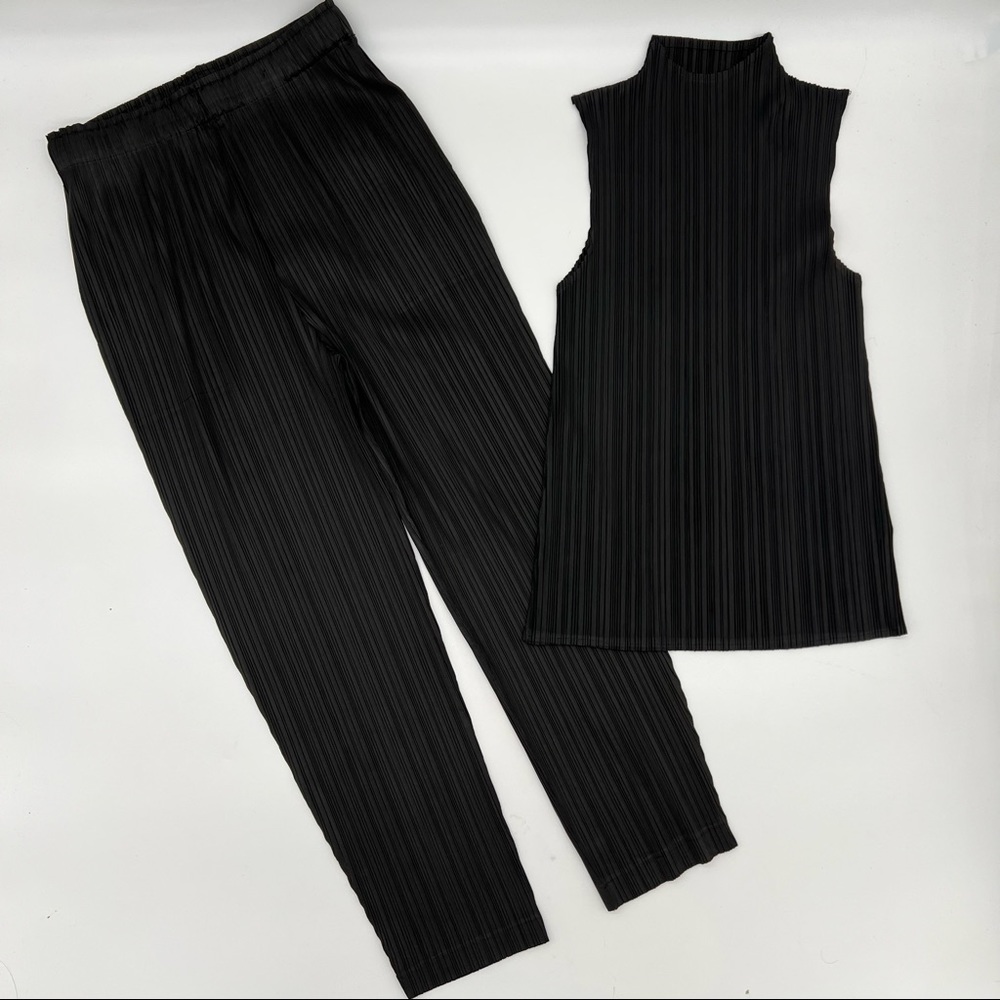 Office two pieces set turtleneck top loose pants casual pleated wide leg pants - Picture 2 of 15